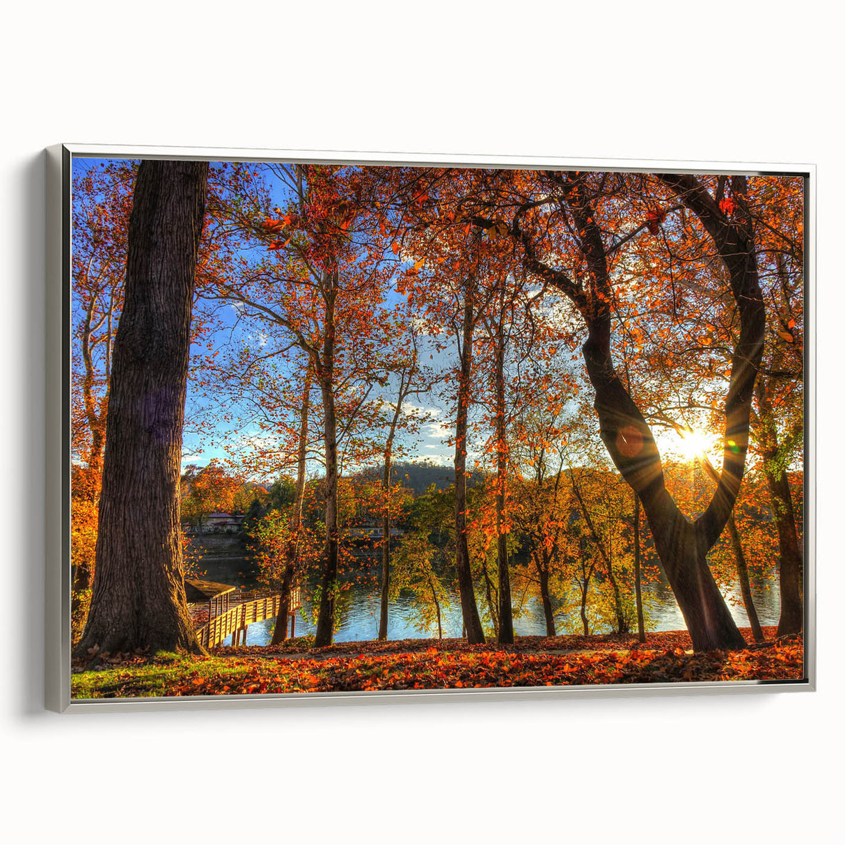 Framed canvas depicting a vintage-style West Virginia landscape in vibrant colors, ideal for living room decor.