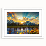 Abstract art print of the Grand Tetons in muted earth tones on a white-framed canvas.