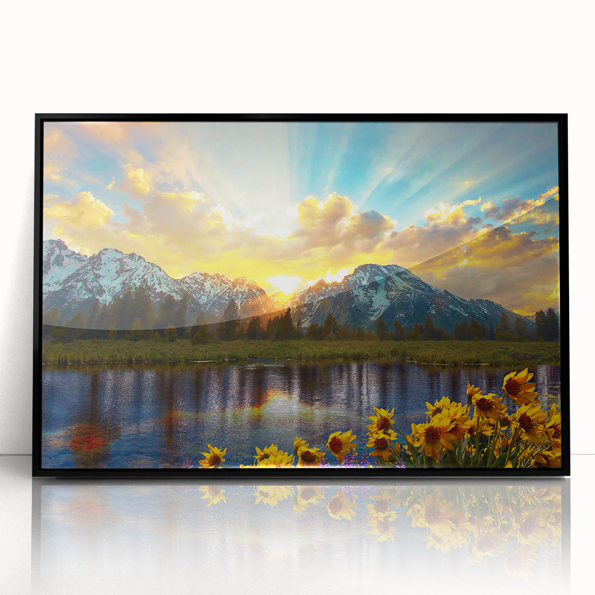 Large abstract wall art depicting the Grand Tetons in muted earth tones, framed in black acrylic, suitable for modern decor.