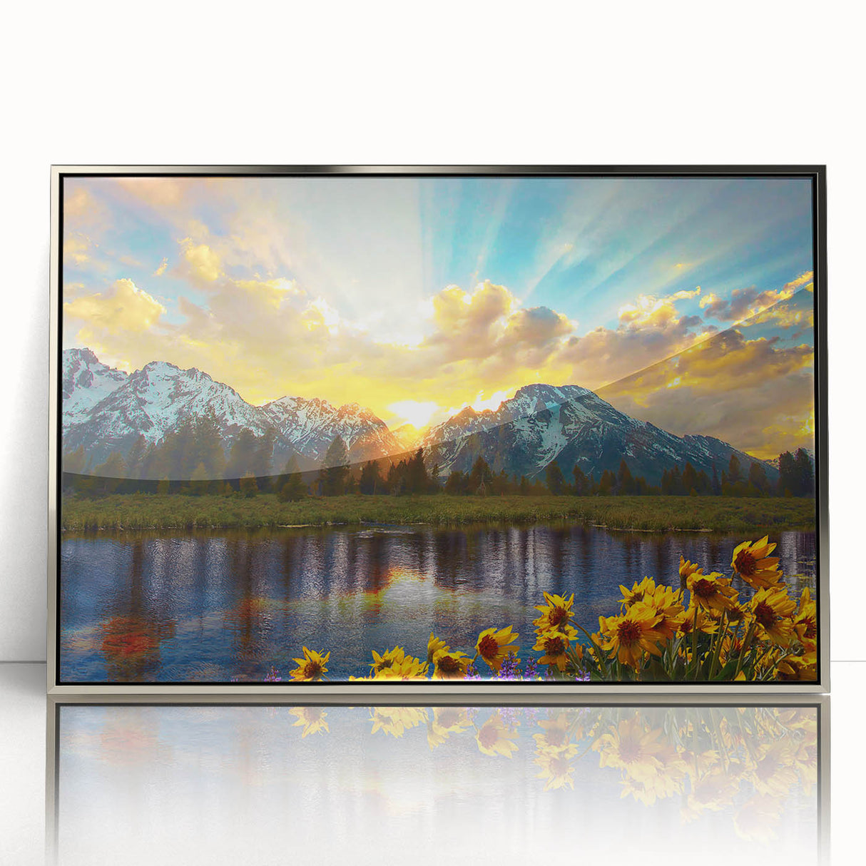 Mid-century modernist art depicting the Grand Tetons, in muted earth tones on a framed acrylic, ideal for nursery wall art.
