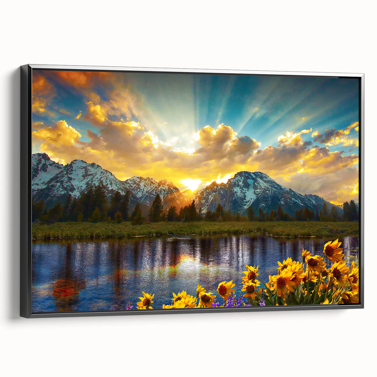 Black and white framed canvas depicting the Grand Tetons landscape, ideal for bedroom wall decor.