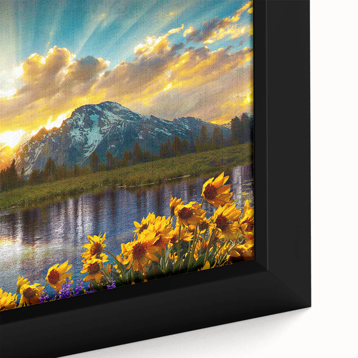 Framed canvas of the Grand Tetons in black with textured, colorful art accents, ideal for living room decor.