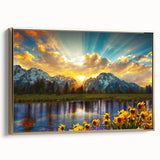 Framed canvas of the Grand Tetons in muted gold and black tones, ideal for bedroom wall art.