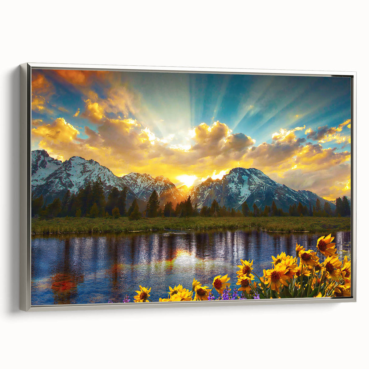 Framed canvas landscape art painting depicting Wyoming's Grand Tetons in muted earth tones, ideal for living room decor.