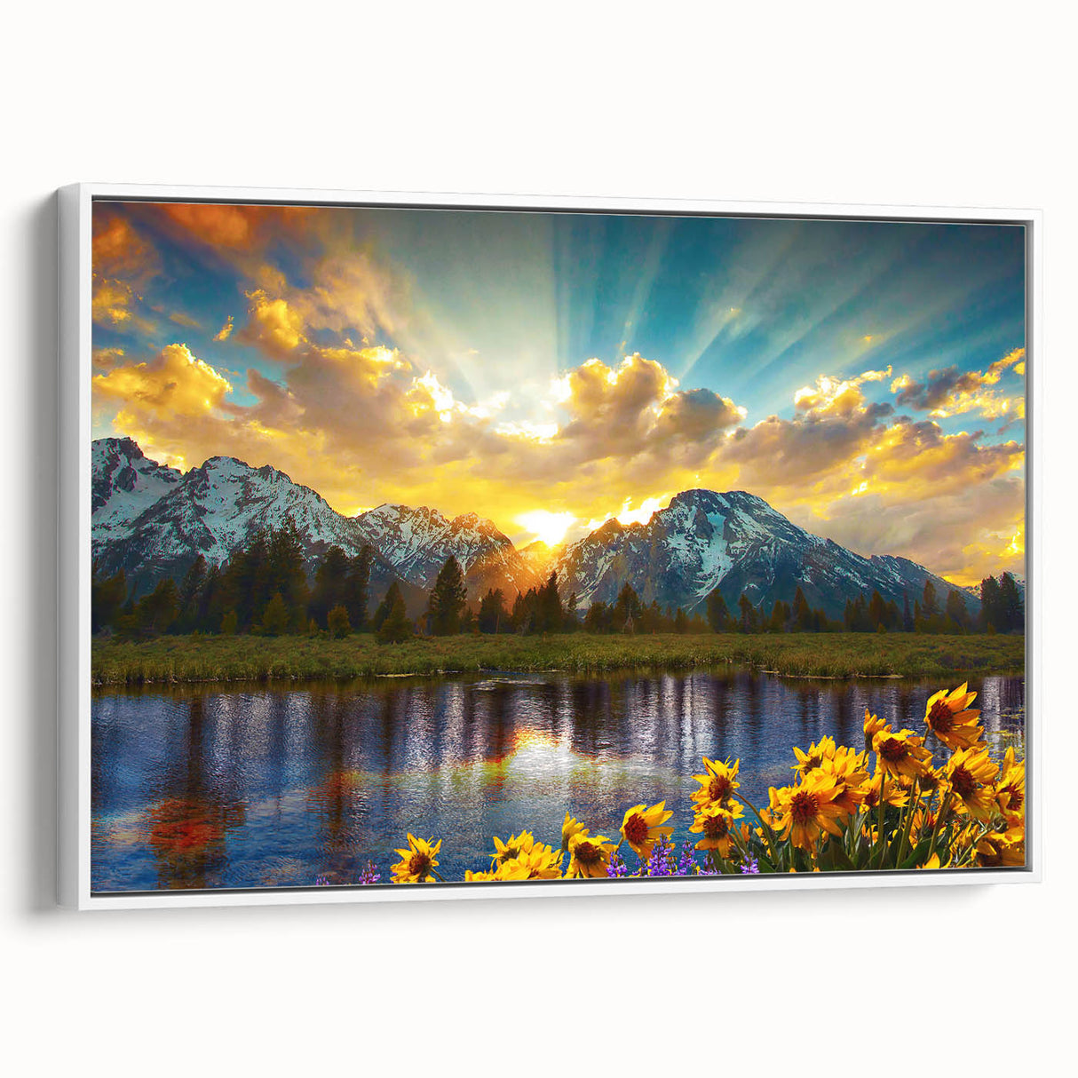 Vintage poster art of Wyoming's Grand Tetons, colorful palette, framed canvas, ideal for living room decor.