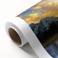 Art deco poster of the Grand Tetons in muted earth tones on rolled canvas, ideal for nursery wall art.