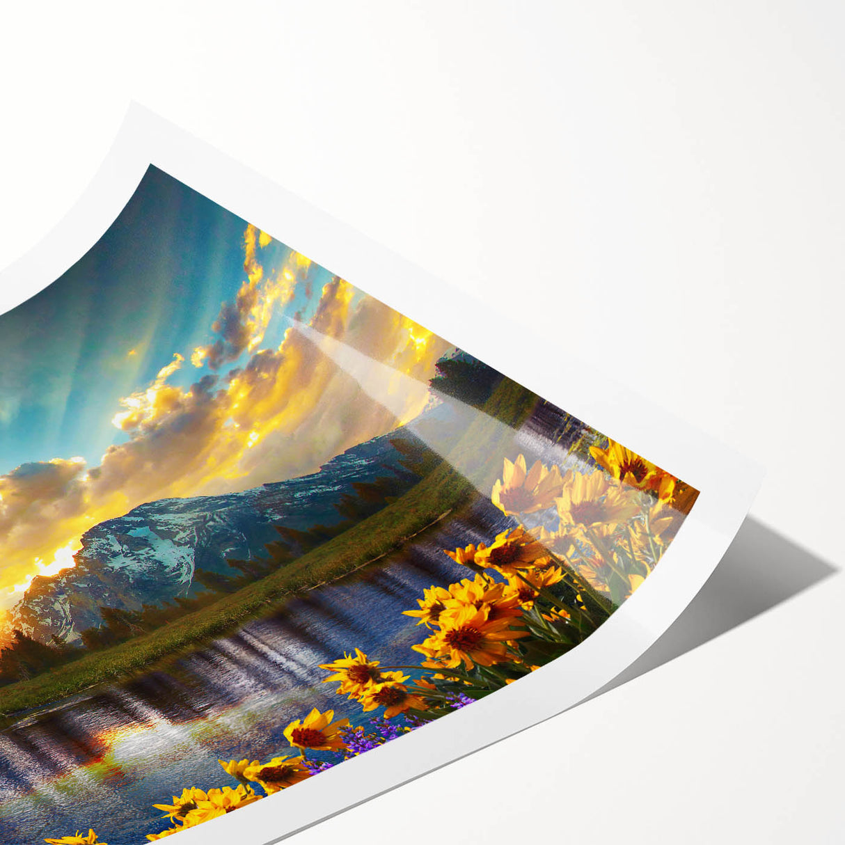 Extra large wall art featuring line art flowers over a scenic view of the Grand Tetons, in muted earth tones on rolled print.