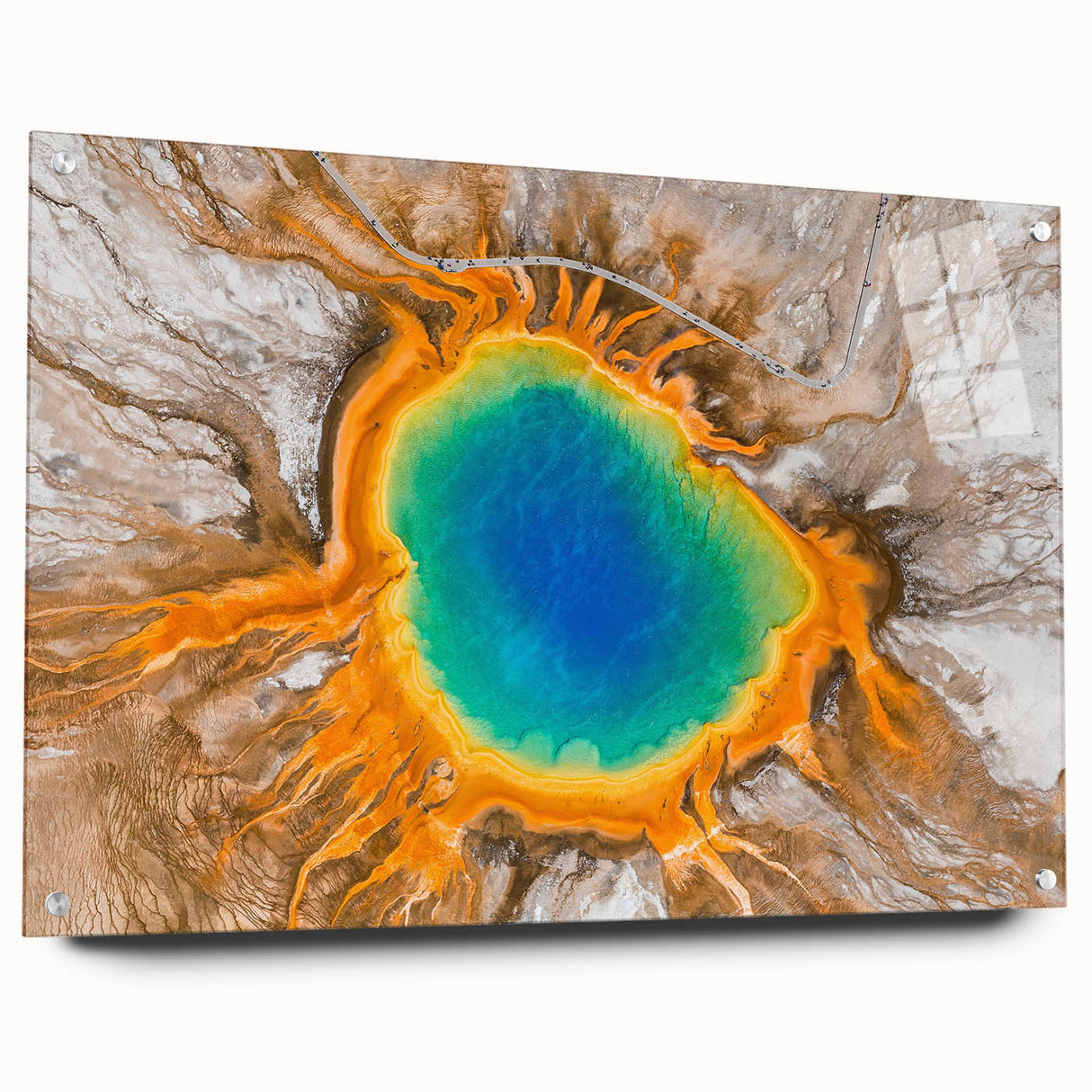 Acrylic print of Yellowstone scenery in natural green and blue tones, suited for dining room decor.