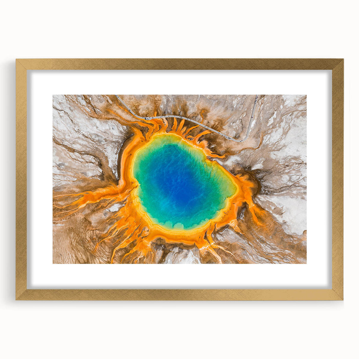 Textured abstract art print of Yellowstone scenery in muted earth tones on a framed canvas, ideal for bedroom art.