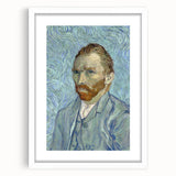 Abstract art print featuring swirling blue and yellow patterns on a white framed canvas.
