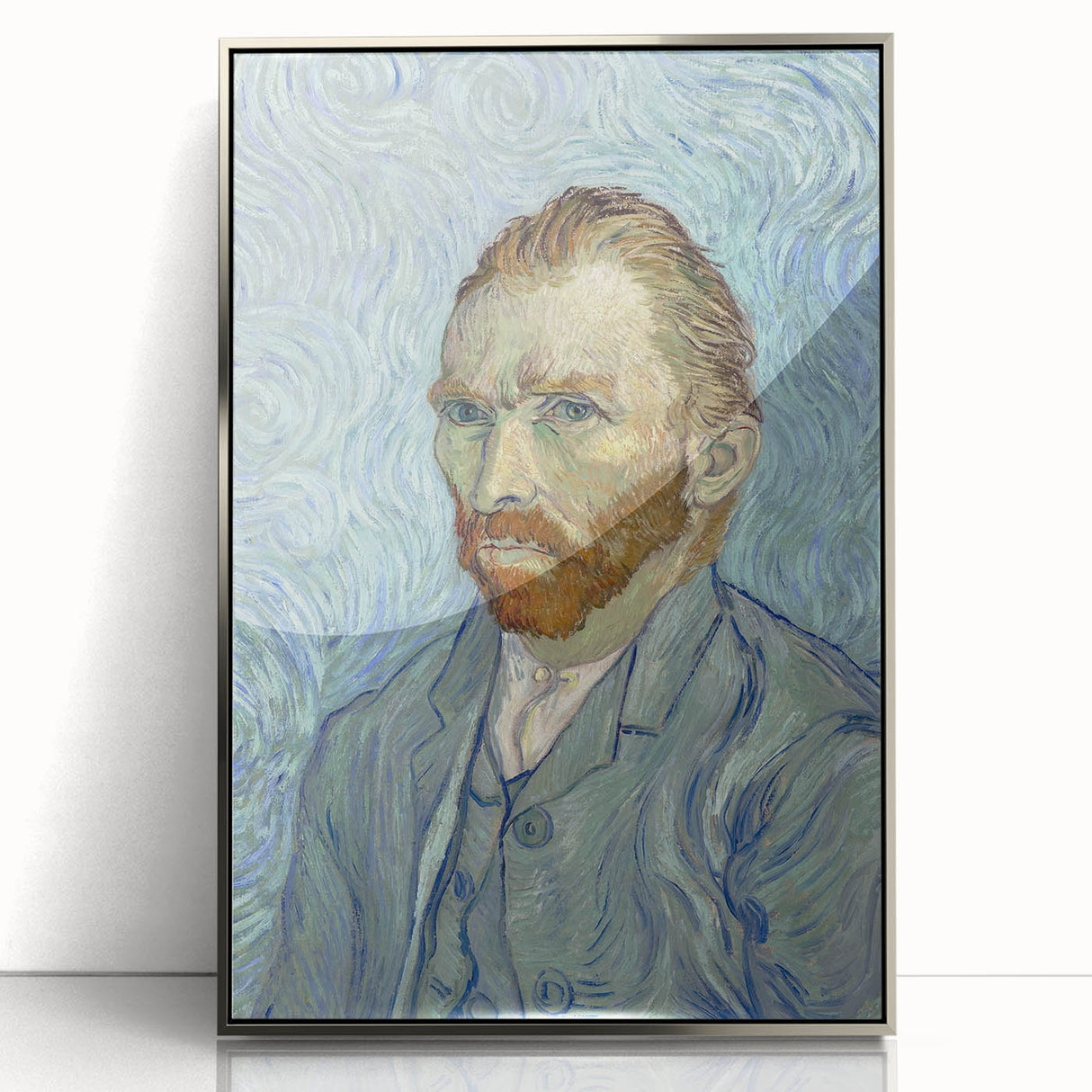 Mid-century modernist art depicting a starry night in muted blue and yellow hues on a framed acrylic print.