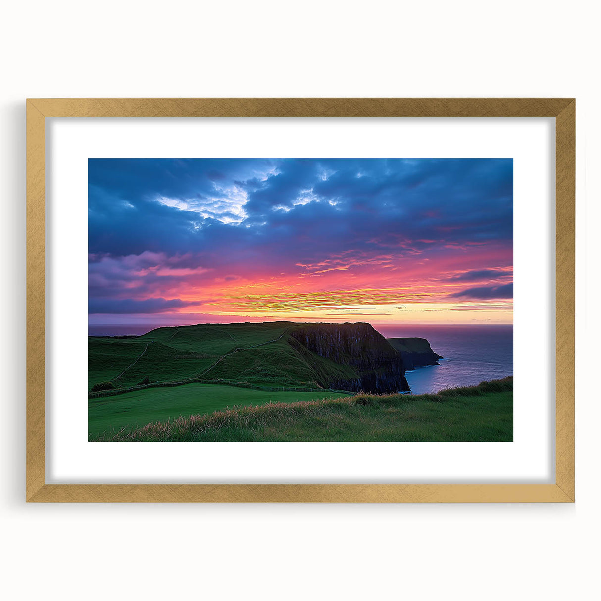 Elegant gold-framed landscape artwork showcasing dramatic cliffs with a serene background, perfect for adding sophistication to any home decor. Ideal for art lovers seeking a bold focal point.
