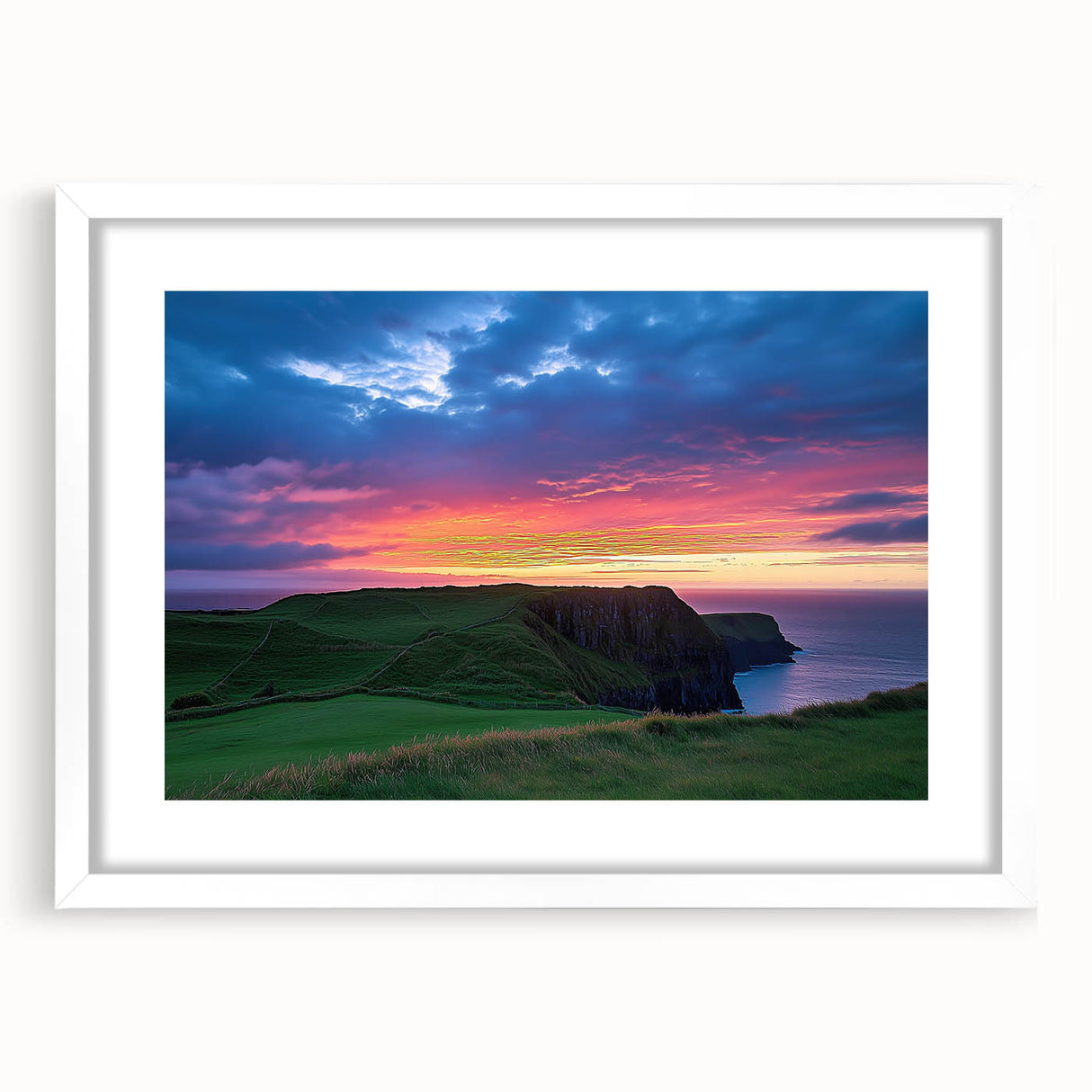 Framed landscape artwork showcasing dramatic cliffs, featuring a white mat and sleek frame, perfect for enhancing modern home decor and adding a touch of nature.