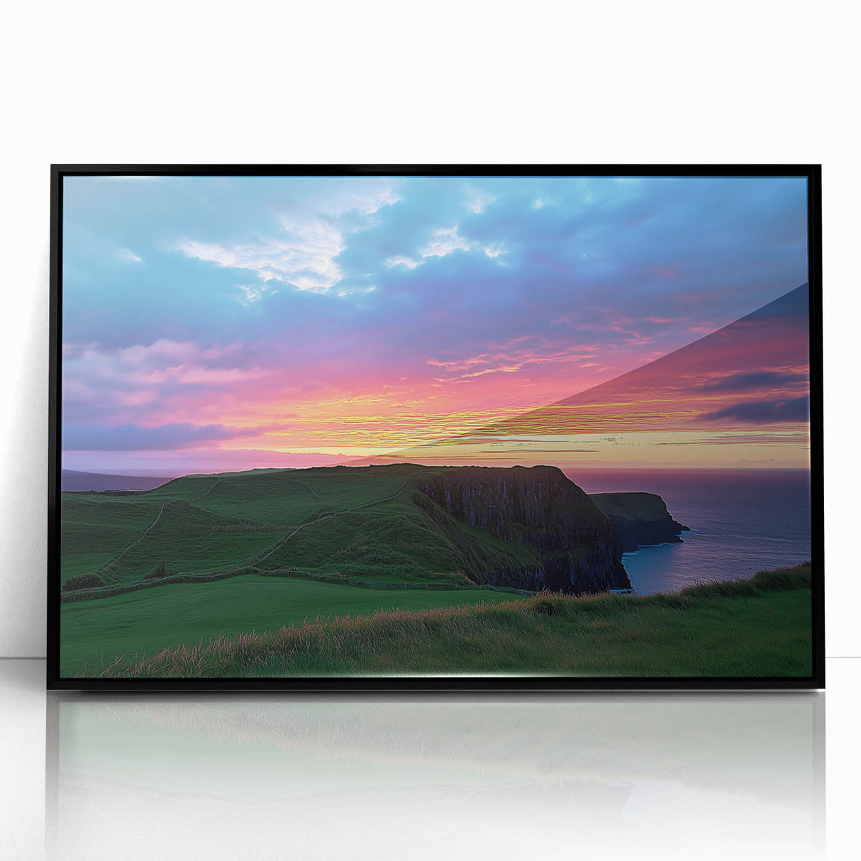 Framed acrylic artwork depicting a breathtaking landscape with dramatic cliffs and vibrant colors, showcasing a modern black frame for an elegant display.