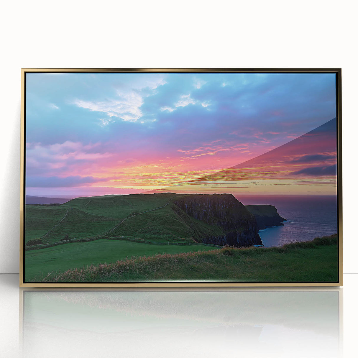 Framed acrylic artwork depicting a stunning cliff landscape in gold tones, perfect for modern home decor. Ideal for adding elegance to living spaces.