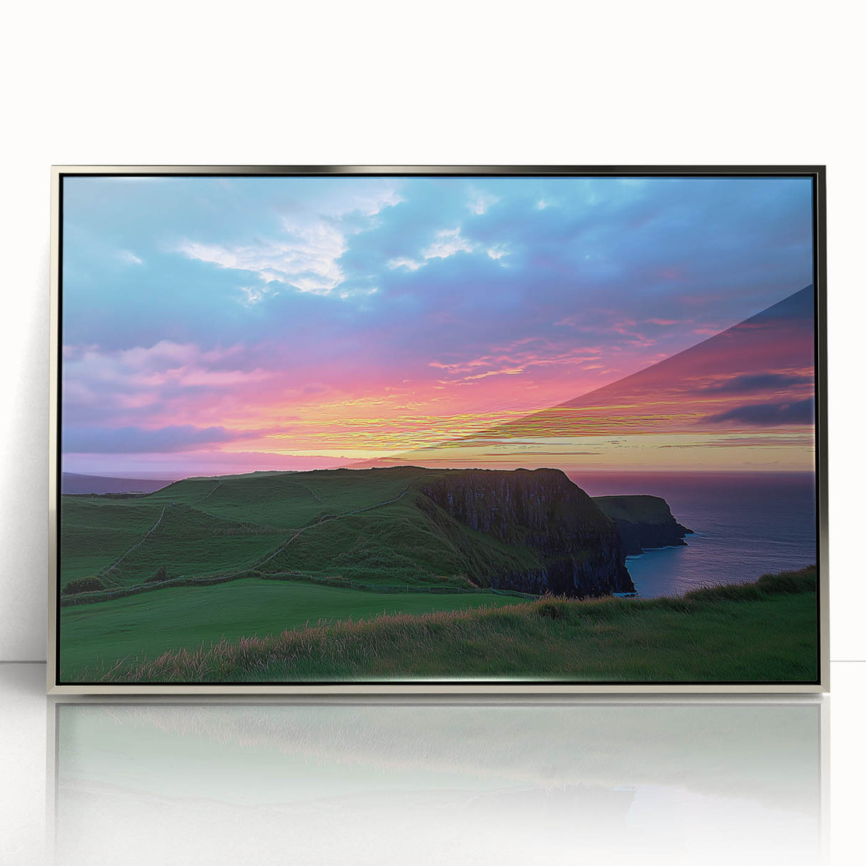 Framed acrylic artwork depicting a breathtaking landscape of cliffs with vibrant colors, designed to enhance any modern decor, showcasing natural beauty and serenity.
