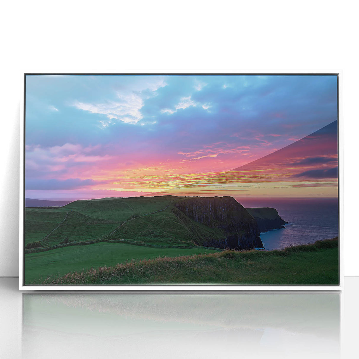 Framed acrylic artwork showcasing a stunning landscape with cliffs, featuring vibrant colors and intricate details, perfect for enhancing modern home decor.