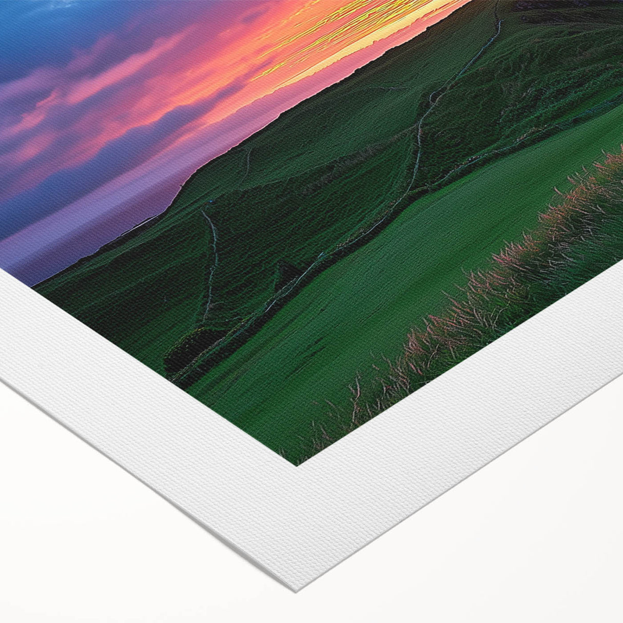Stunning rolled canvas art depicting dramatic cliffs and landscapes, showcasing vibrant colors and intricate details, perfect for home decor or artistic display.