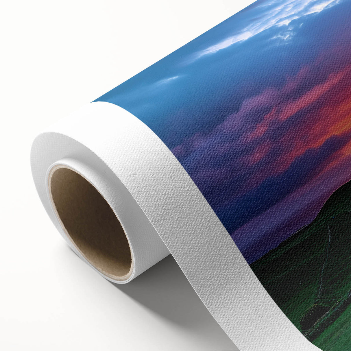 Stunning rolled canvas depicting a vibrant landscape of rugged cliffs and serene skies, showcasing rich colors and intricate details, perfect for home decor.