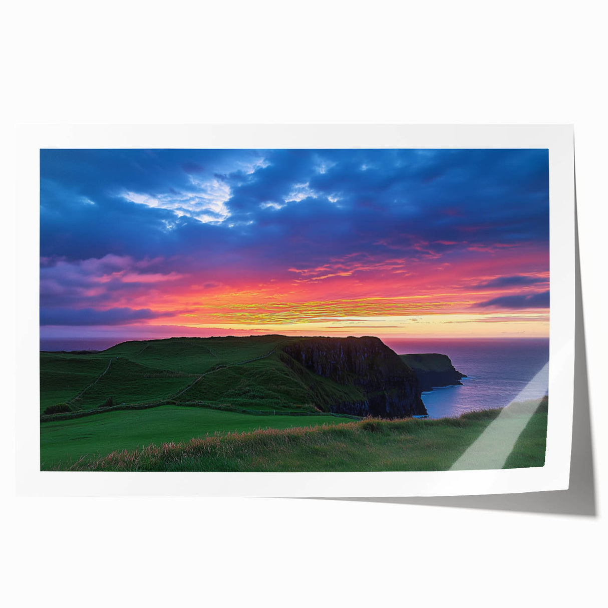 Stunning panoramic landscape print showcasing dramatic cliffs and vibrant skies, rolled for easy transport and display, perfect for home decor enthusiasts.
