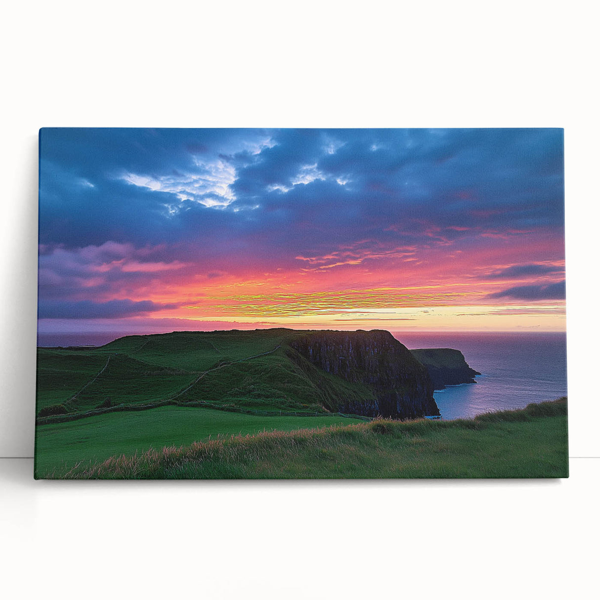 Stretched canvas artwork depicting a stunning coastal cliff landscape, showcasing vibrant colors and intricate details, perfect for enhancing home decor.