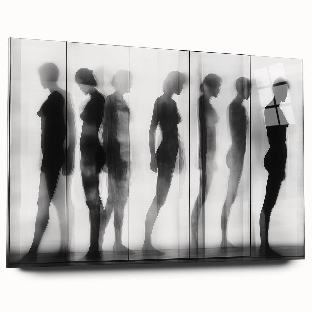 Abstract figurative acrylic art piece displayed in a glass frame, showcasing vibrant colors and dynamic shapes, perfect for modern home decor and artistic expression.