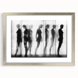 Abstract figurative artwork framed in elegant silver, showcasing vibrant colors and intricate details, perfect for modern home decor or art collectors.