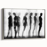 Abstract figurative framed canvas artwork with a sleek silver frame, showcasing vibrant colors and dynamic shapes, perfect for modern home decor.