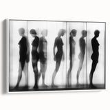 Framed abstract figurative canvas art with a white frame, showcasing vibrant colors and dynamic shapes, ideal for modern home decor or artistic spaces.