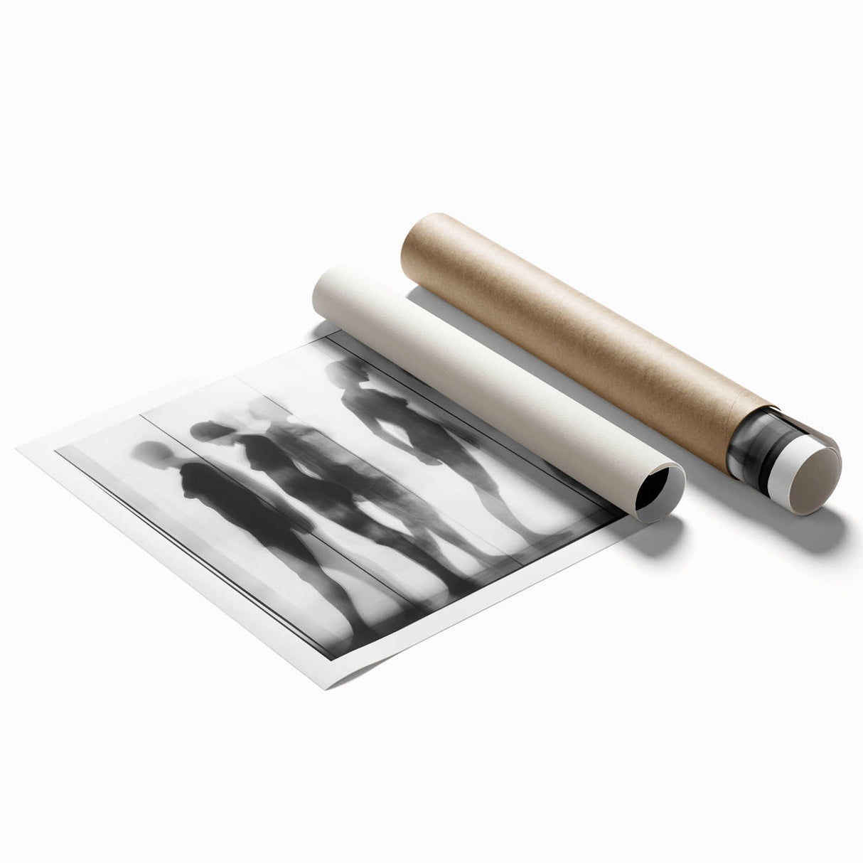 Abstract figurative art print showcasing vibrant colors and dynamic shapes, rolled and packaged in a protective cardboard tube, perfect for modern decor enthusiasts.