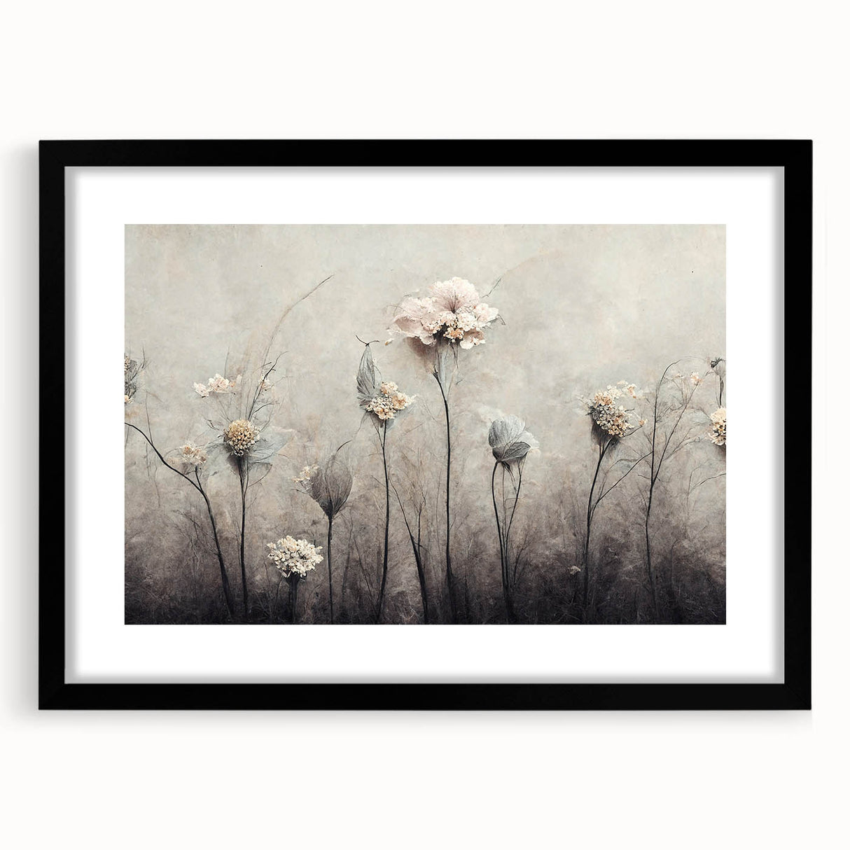 Abstract floral wall art framed in black, showcasing vibrant colors and intricate designs, enhancing modern decor with a stylish touch in living spaces.