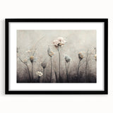 Abstract floral wall art framed in black, showcasing vibrant colors and intricate designs, enhancing modern decor with a stylish touch in living spaces.