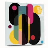 Abstract geometric acrylic glass artwork viewed from the side, showcasing vibrant colors and intricate patterns, ideal for modern home decor and artistic spaces.