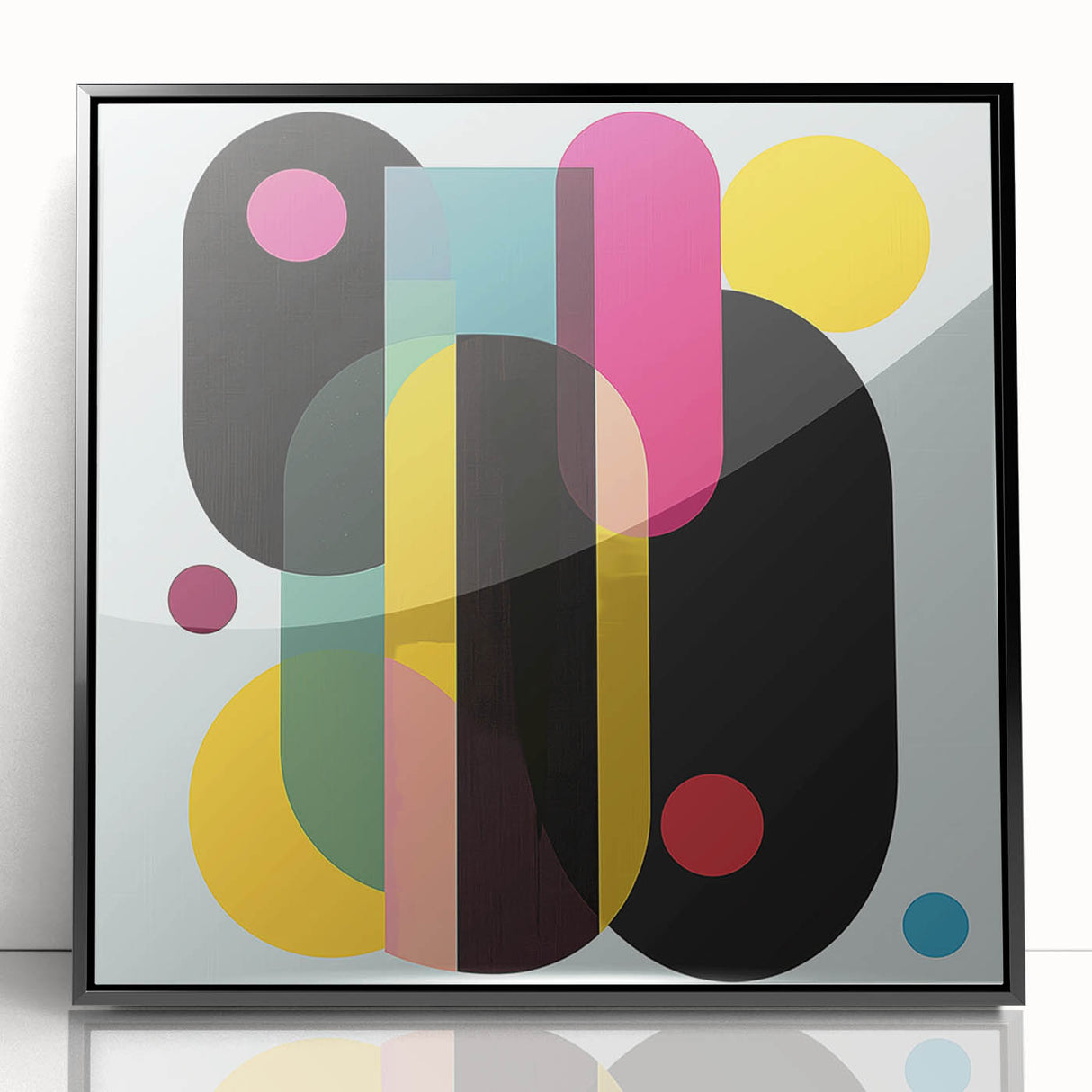 Framed acrylic artwork featuring an abstract geometric design in black, showcasing sharp angles and modern aesthetics, ideal for contemporary home decor.