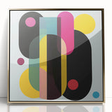 Framed acrylic artwork showcasing an abstract geometric design in gold, set against a sleek black background, perfect for modern decor and art enthusiasts.