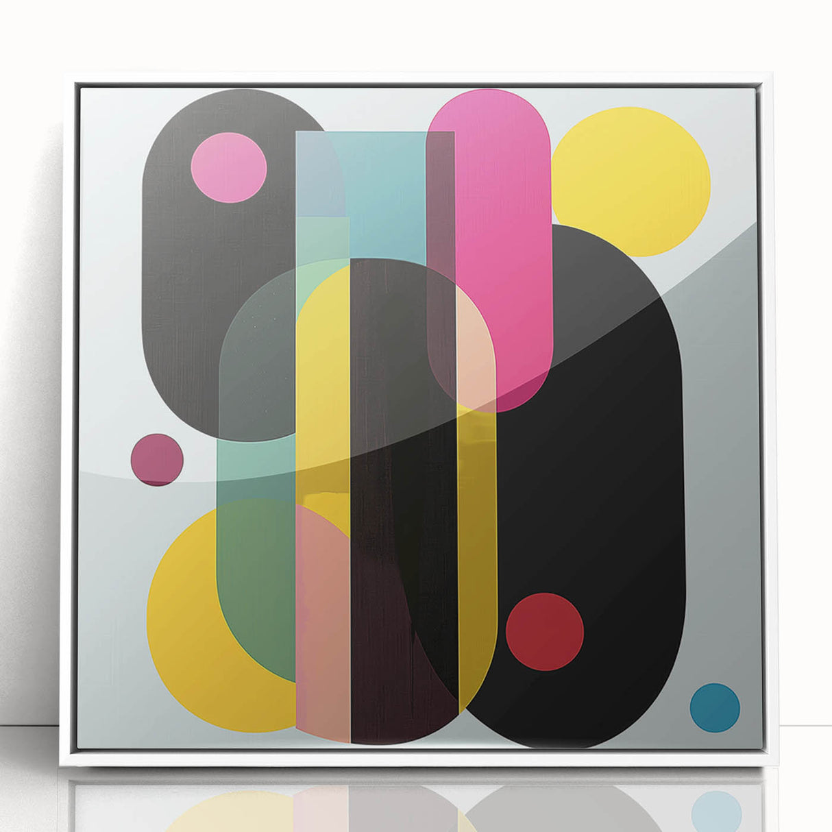 Abstract geometric art print in a white frame, showcasing vibrant colors and bold shapes, perfect for modern home decor. Ideal for enhancing living spaces with contemporary design.