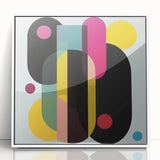 Abstract geometric art print in a white frame, showcasing vibrant colors and bold shapes, perfect for modern home decor. Ideal for enhancing living spaces with contemporary design.