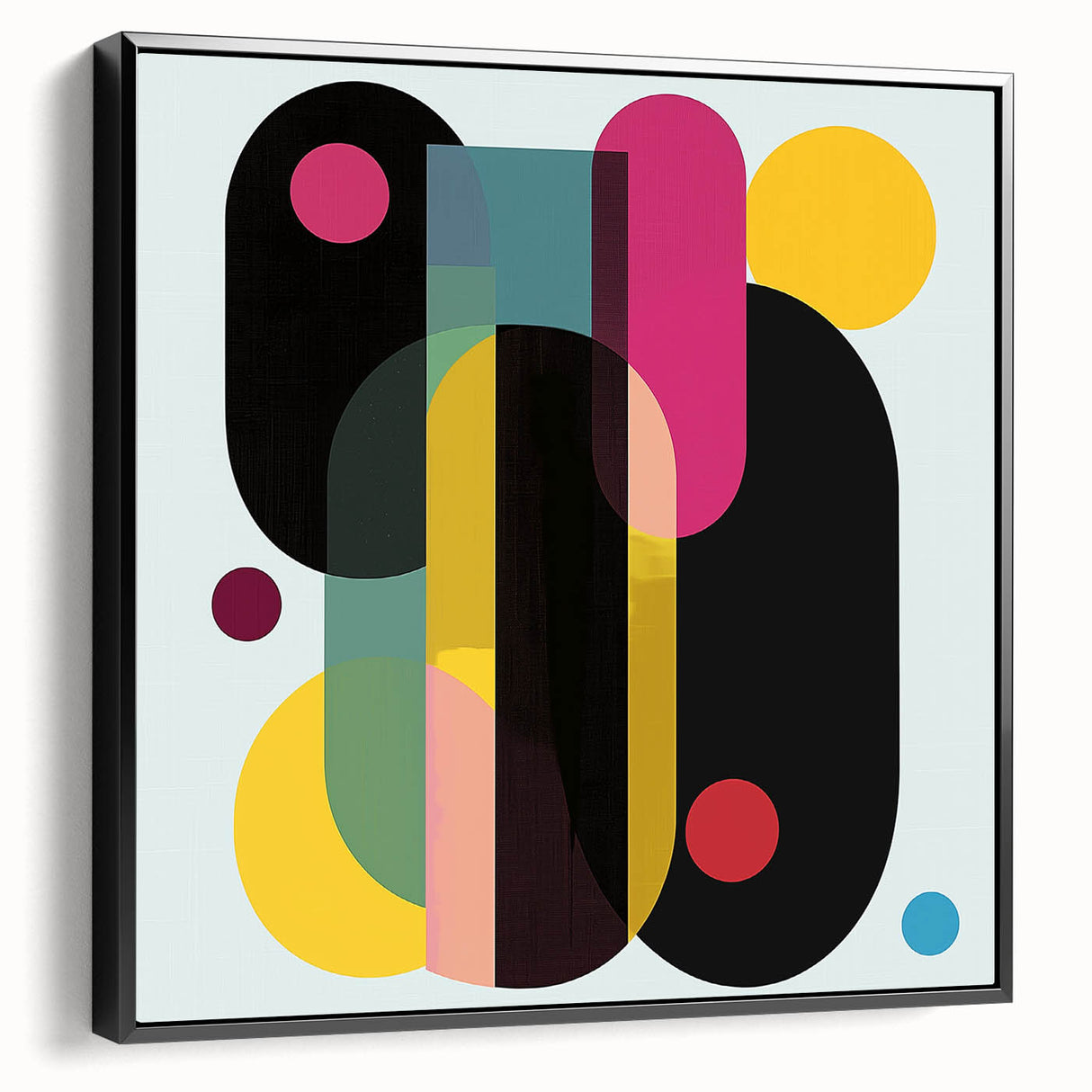 Abstract geometric framed canvas artwork showcasing a dynamic black design with sharp angles and vivid contrasts, perfect for modern home decor. Ideal for adding a contemporary touch to living spaces or offices.