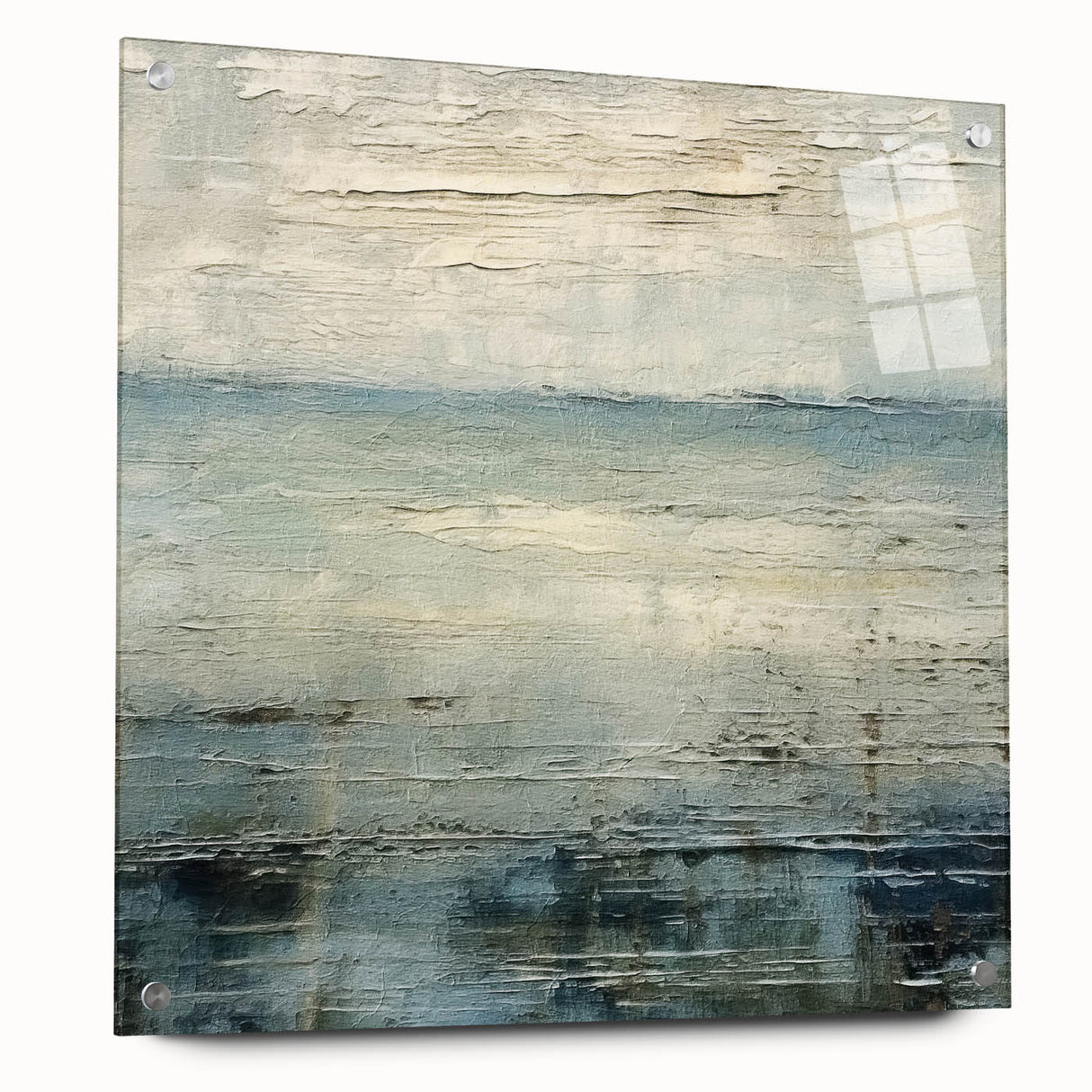 Abstract landscape wall art displayed in acrylic glass, showcasing vibrant colors and intricate details, mounted with pins for an elegant presentation.