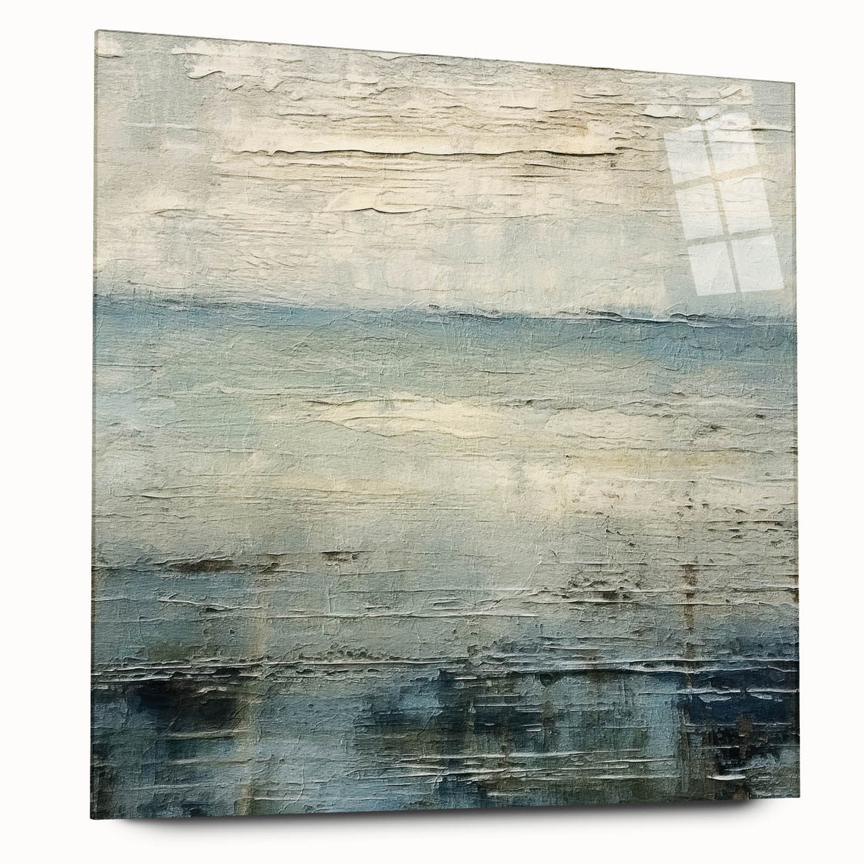 Abstract landscape wall art displayed in a sleek acrylic frame, showcasing vibrant colors and fluid lines, perfect for modern home decor. The side view highlights the depth and texture of the piece, making it an eye-catching focal point in any interior setting.