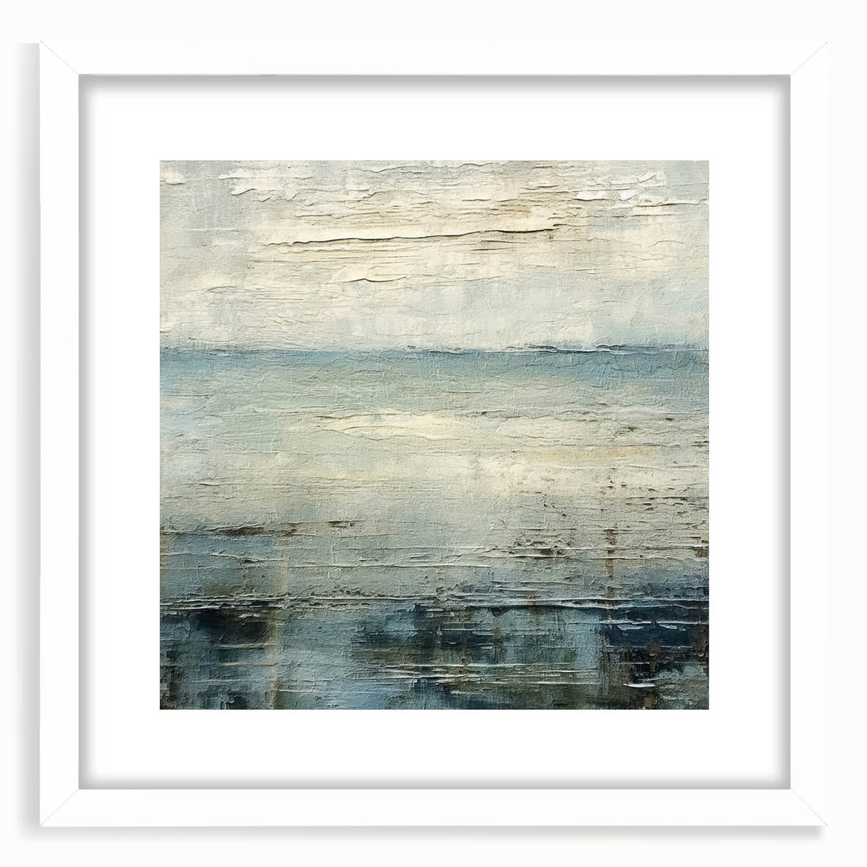 Abstract landscape wall art framed in white with a mat, showcasing soft earth tones and fluid shapes, perfect for modern home decor.