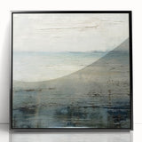 Framed acrylic wall art featuring an abstract landscape design in shades of blue and green, showcasing a modern aesthetic with a sleek black frame, perfect for contemporary home decor.