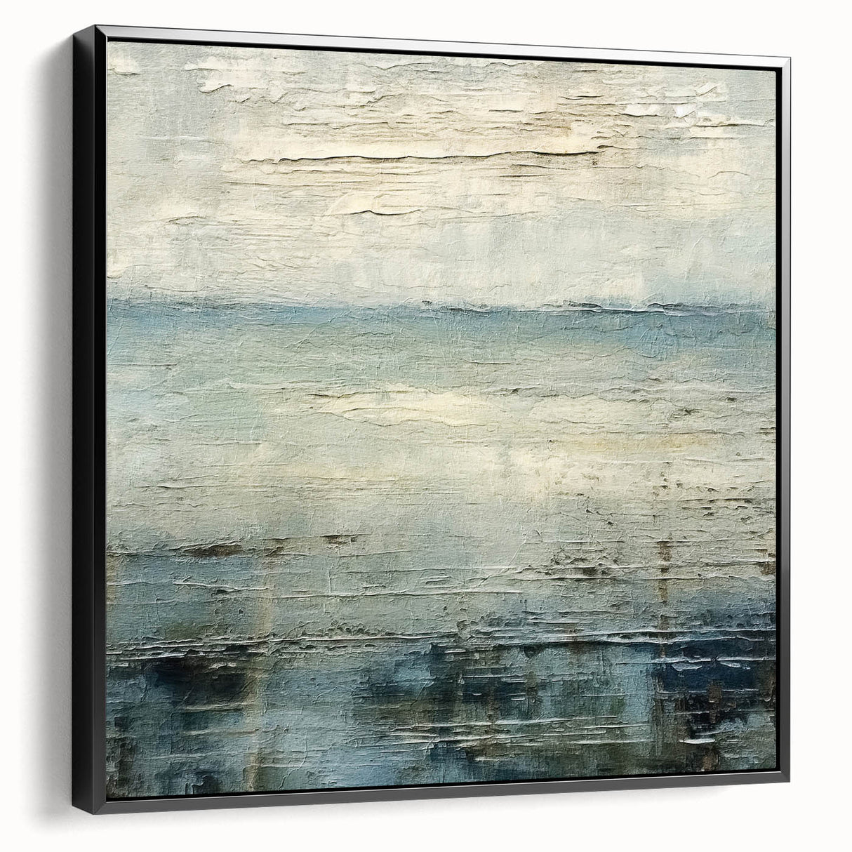 Framed canvas wall art showcasing an abstract landscape design with vibrant colors and textured details, featuring a sleek black frame and side view perspective. Ideal for modern home decor, this piece adds a contemporary touch to any room.