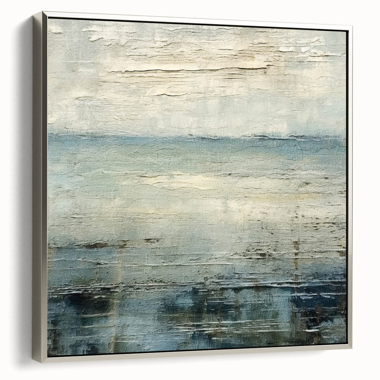 Abstract landscape wall art featuring vivid colors and intricate patterns, framed in a sleek silver frame, displayed at an angle to showcase depth and texture. Perfect for modern decor.