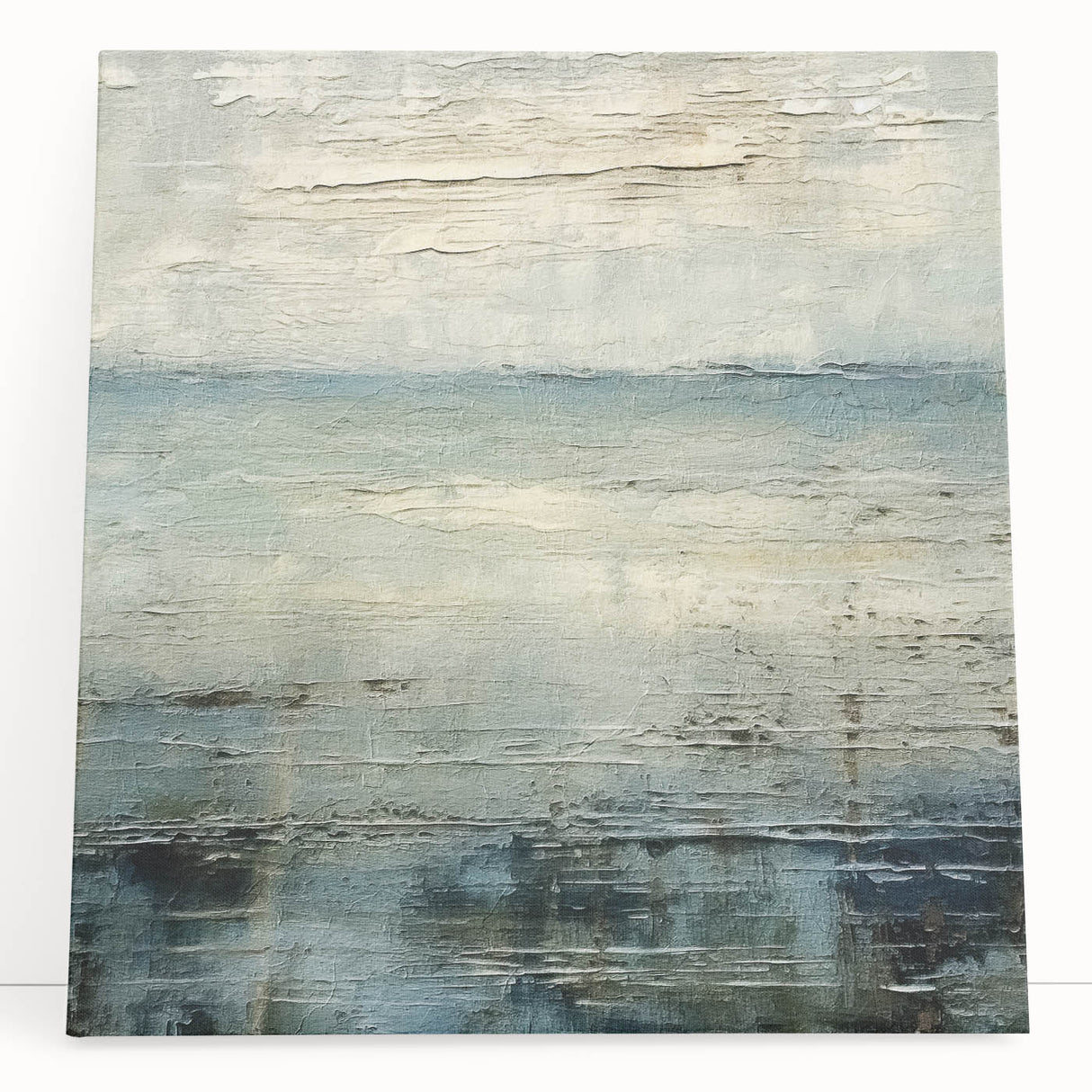 Abstract landscape wall art on stretched canvas, featuring vibrant colors and dynamic shapes, perfect for modern home decor. The artwork leans against a neutral wall, adding a contemporary touch to the room.