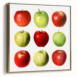 Framed canvas depicting a vintage poster of assorted fruits in muted silver and gold tones, suited for bedroom wall art.