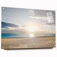 Acrylic wall art depicting a serene beach landscape in vibrant colors, showcased from a side view with clear mounting pins, ideal for coastal-themed decor.