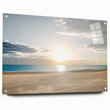 Acrylic wall art depicting a serene beach landscape in vibrant colors, showcased from a side view with clear mounting pins, ideal for coastal-themed decor.