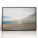 Framed acrylic artwork showcasing a serene beach landscape with vibrant colors and intricate detailing, set in a sleek black frame, perfect for enhancing any coastal-themed decor.