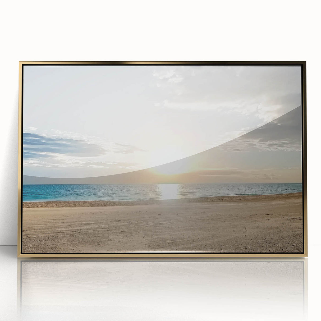 Framed acrylic artwork depicting a vibrant beach landscape with a golden frame, showcasing colorful skies, gentle waves, and tranquil sands, perfect for coastal decor.